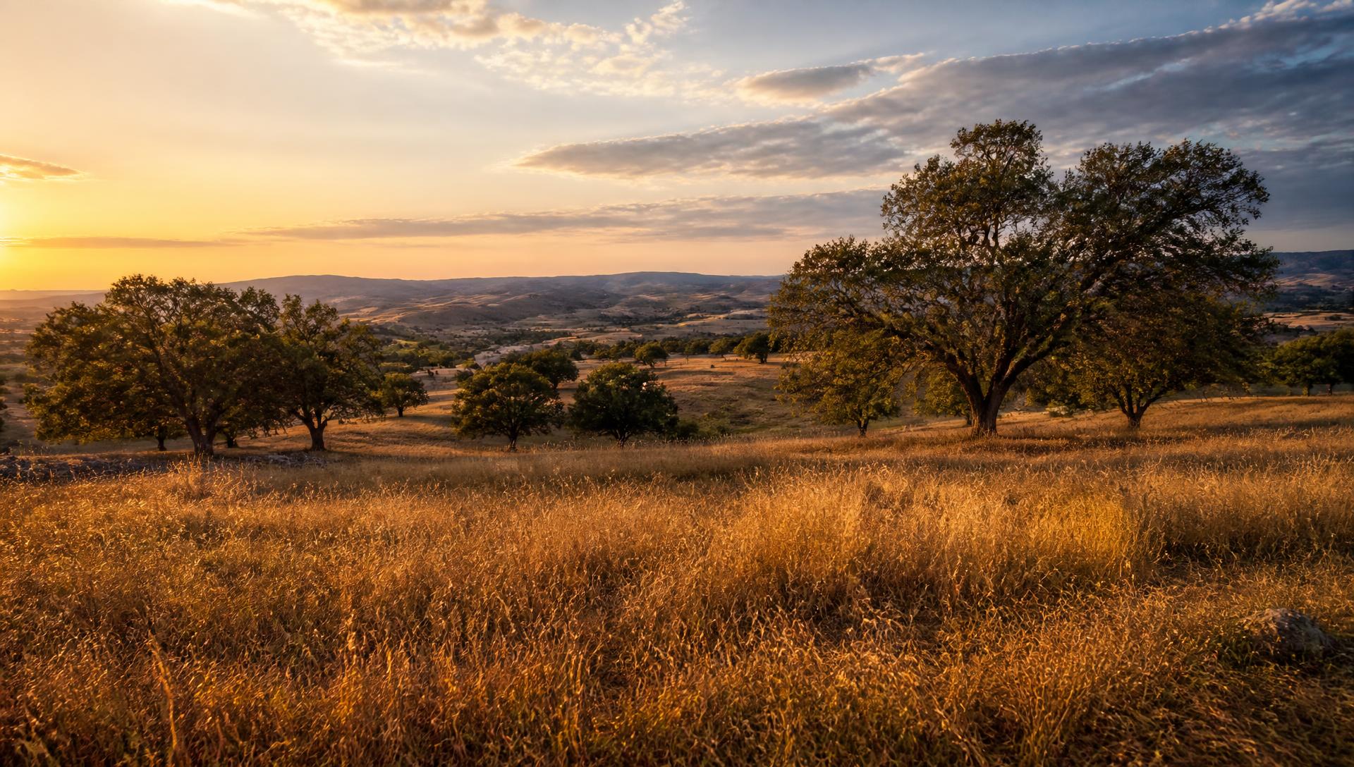 Open rolling ranch land at golden hour